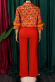 Casual Print Buckle Feathers Shirt Collar Long Sleeve Two Pieces