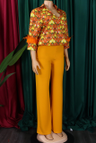 Casual Print Buckle Feathers Shirt Collar Long Sleeve Two Pieces