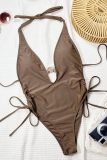 Sexy Solid Color Draw String Backless Swimwears