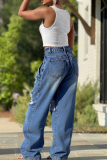 Casual Solid Color Ripped Mid Waist Loose Denim Jeans
