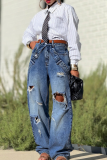 Casual Solid Color Ripped Mid Waist Loose Denim Jeans