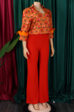 Casual Print Buckle Feathers Shirt Collar Long Sleeve Two Pieces
