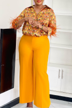 Casual Print Buckle Feathers Shirt Collar Long Sleeve Two Pieces