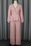 Elegant Solid Color Beading Flounce V Neck Regular Jumpsuits