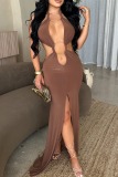 Sexy Solid Color Slit Halter Long Dresses