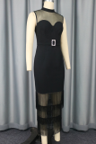 Elegant Solid Color Fringed Trim See-Through O Neck Long Dresses