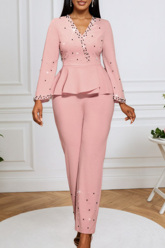 Elegant Solid Color Beading Flounce V Neck Regular Jumpsuits