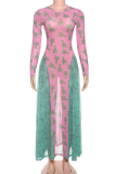 Elegant Print Contrast O Neck Long Dresses