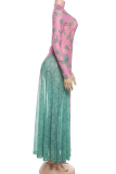 Elegant Print Contrast O Neck Long Dresses