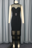 Elegant Solid Color Fringed Trim See-Through O Neck Long Dresses
