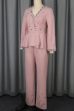 Elegant Solid Color Beading Flounce V Neck Regular Jumpsuits