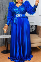 Elegant Solid Color With Belt Pleated V Neck Long Plus Size Dresses