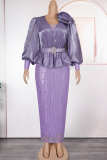 Elegant Solid Color Sequins With Belt V Neck Long Plus Size Dresses