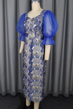 Elegant Print Mesh Contrast Asymmetrical Collar Long Dresses