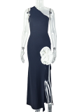 Sexy Solid Color Backless High Slit Flower Shape Oblique Collar Long Dresses