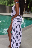 Sexy Polka Dot High Slit O Neck Long Dresses