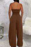 Casual Solid Color Buckle Turndown Collar Loose Jumpsuits
