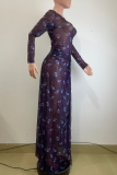 Elegant Print High Slit O Neck Long Dresses