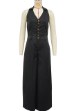 Casual Solid Color Buckle Turndown Collar Loose Jumpsuits