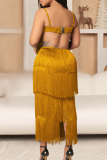 Sexy Solid Color Fringed Trim Spaghetti Strap Long Dresses
