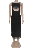 Sexy Solid Color Fringed Trim Spaghetti Strap Long Dresses