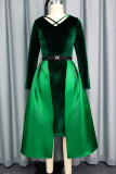 Elegant Solid Color With Belt V Neck Long Sleeve Two Pieces