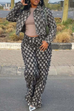 Casual Plaid Jacquard Zipper O Neck Long Sleeve Two Pieces