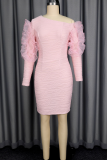 Elegant Solid Color Flounce Oblique Collar Wrapped Skirt Dresses