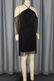 Sexy Solid Color Fringed Trim Backless Halter Wrapped Skirt Dresses