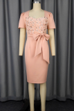 Elegant Solid Color Bow Decor Square Neck Wrapped Skirt Dresses