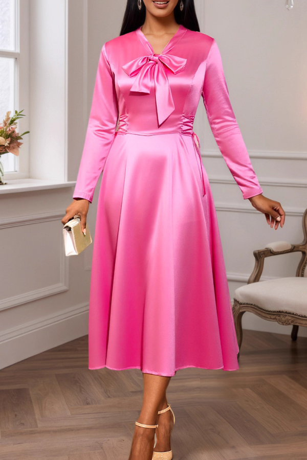 Elegant Solid Color Bow Decor V Neck Long Dresses
