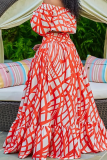 Elegant Print Contrast Off Shoulder A Line Plus Size Two Pieces