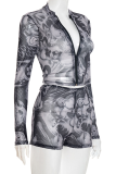 Sexy Print Zipper Zipper Collar Long Sleeve Two Pieces