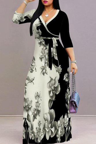 Casual Print Strap Design V Neck Long Plus Size Dresses