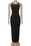 Sexy Solid Color Backless Hot Drill Halter Wrapped Skirt Dresses