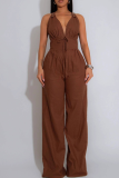 Casual Solid Color Strap Design V Neck Regular Jumpsuits