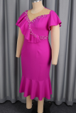 Elegant Solid Color Beading Flounce O Neck Fishtail Dresses