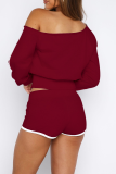Casual Solid Color Draw String Oblique Collar Long Sleeve Two Pieces