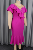 Elegant Solid Color Beading Flounce O Neck Fishtail Dresses