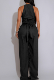 Casual Solid Color Strap Design V Neck Regular Jumpsuits