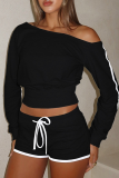 Casual Solid Color Draw String Oblique Collar Long Sleeve Two Pieces