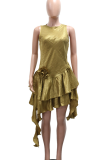 Elegant Solid Color Patchwork O Neck Irregular Dresses