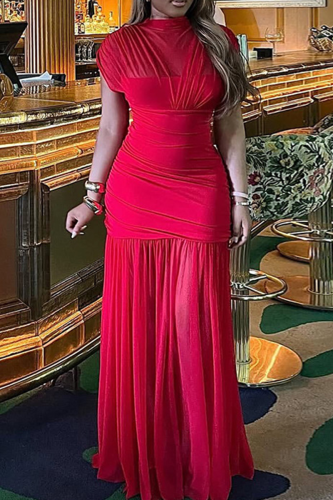 Elegant Solid Color Ruched O Neck Long Dresses