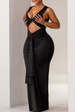 Sexy Solid Color Hollow Out V Neck Long Dresses