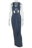 Sexy Solid Color Hollow Out V Neck Long Dresses