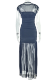 Elegant Solid Color Ruched O Neck Long Dresses