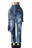 Casual Solid Color Ripped Mid Waist Loose Denim Jeans