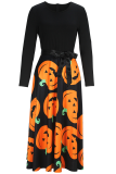 Elegant Pumpkin Bow Decor Contrast O Neck Long Dresses