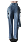 Casual Solid Color Ripped Mid Waist Loose Denim Jeans