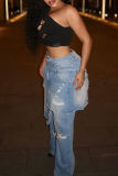 Casual Solid Color Ripped Mid Waist Loose Denim Jeans